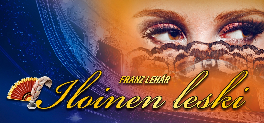 Iloinen Leski - OperArt, mainoskuva: Nainen pitsinaamio kasvoillaan, tekstissä lukee Franz Lehár Iloinen leski